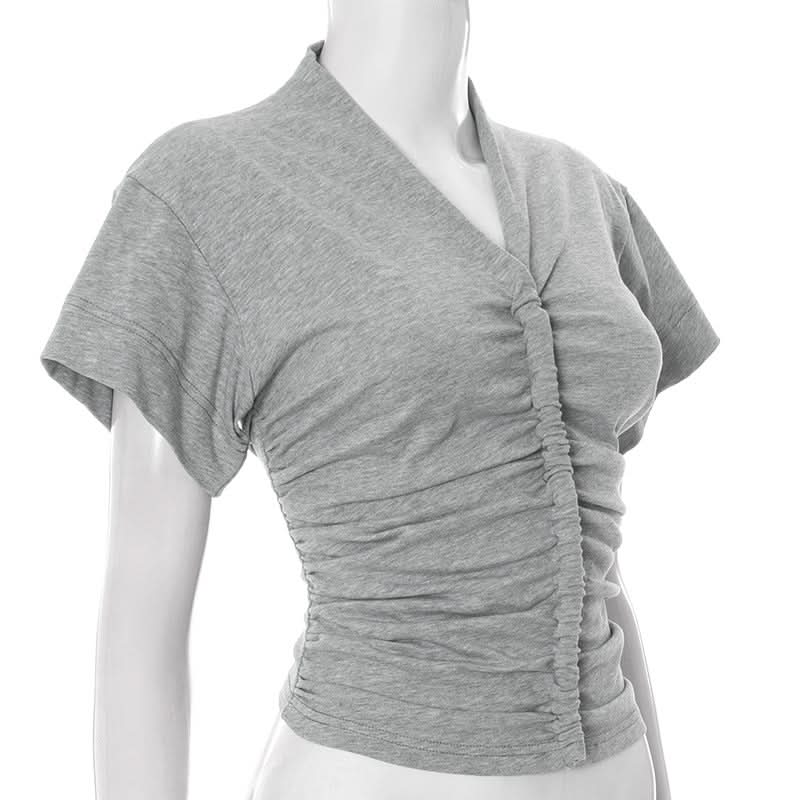 Effortless Fall Style: Women's Flattering Ruched V-Neck Cotton Short Sleeve Tee