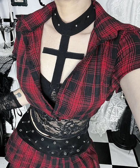 Alt-Girl Rebel Plaid Cropped Button-Up Shirt - Spooky Season Goth Grunge Top