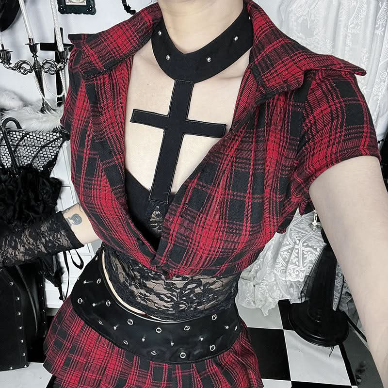 Alt-Girl Rebel Plaid Cropped Button-Up Shirt - Spooky Season Goth Grunge Top