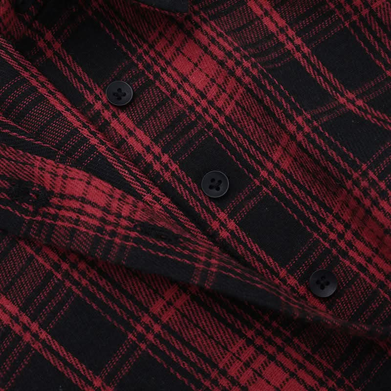 Alt-Girl Rebel Plaid Cropped Button-Up Shirt - Spooky Season Goth Grunge Top
