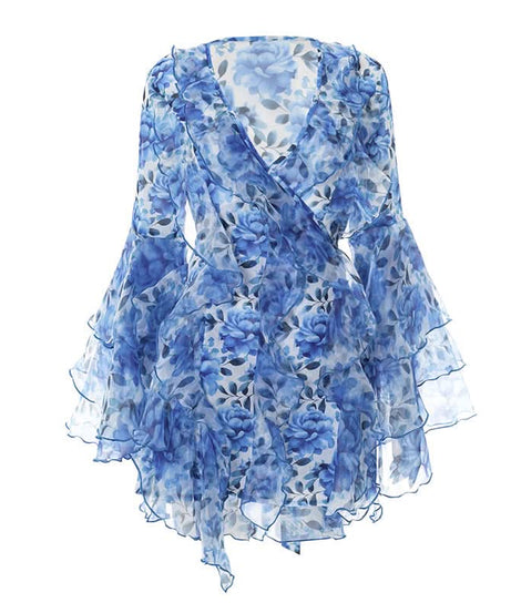 Effortless Blue Floral Ruffle Mini Dress - Chic V-Neck Bell Sleeve for Fall Getaways & Holiday Parties