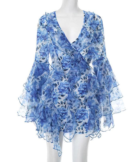 Effortless Blue Floral Ruffle Mini Dress - Chic V-Neck Bell Sleeve for Fall Getaways & Holiday Parties