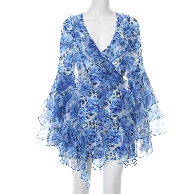 Effortless Blue Floral Ruffle Mini Dress - Chic V-Neck Bell Sleeve for Fall Getaways & Holiday Parties