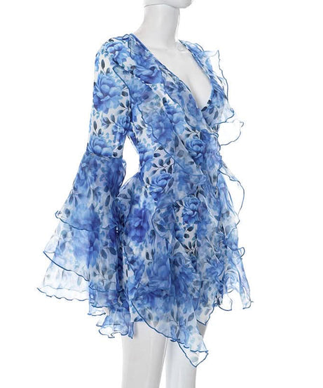 Effortless Blue Floral Ruffle Mini Dress - Chic V-Neck Bell Sleeve for Fall Getaways & Holiday Parties