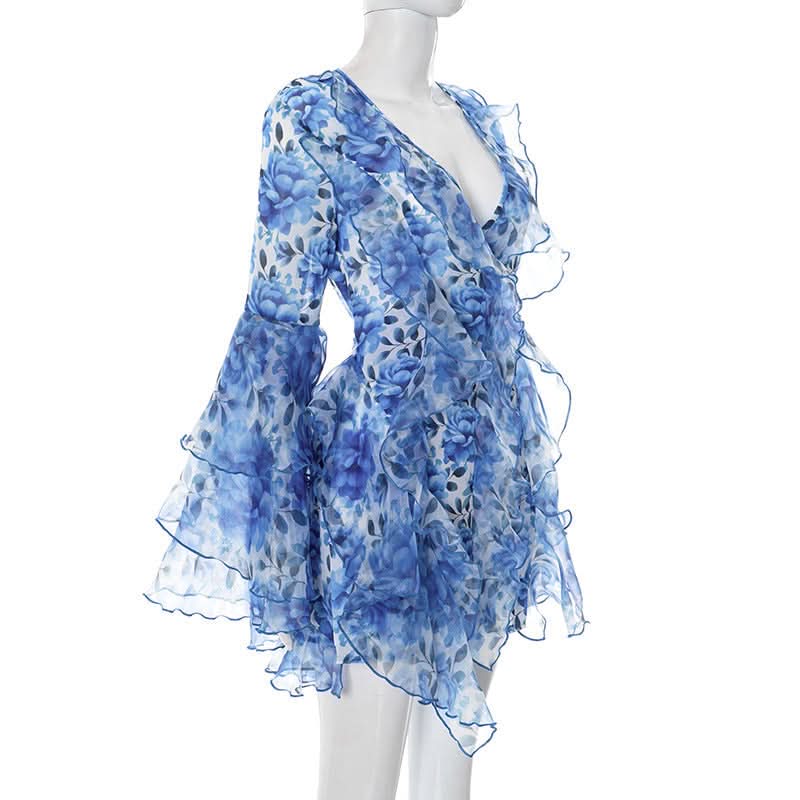 Effortless Blue Floral Ruffle Mini Dress - Chic V-Neck Bell Sleeve for Fall Getaways & Holiday Parties