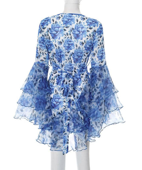 Effortless Blue Floral Ruffle Mini Dress - Chic V-Neck Bell Sleeve for Fall Getaways & Holiday Parties