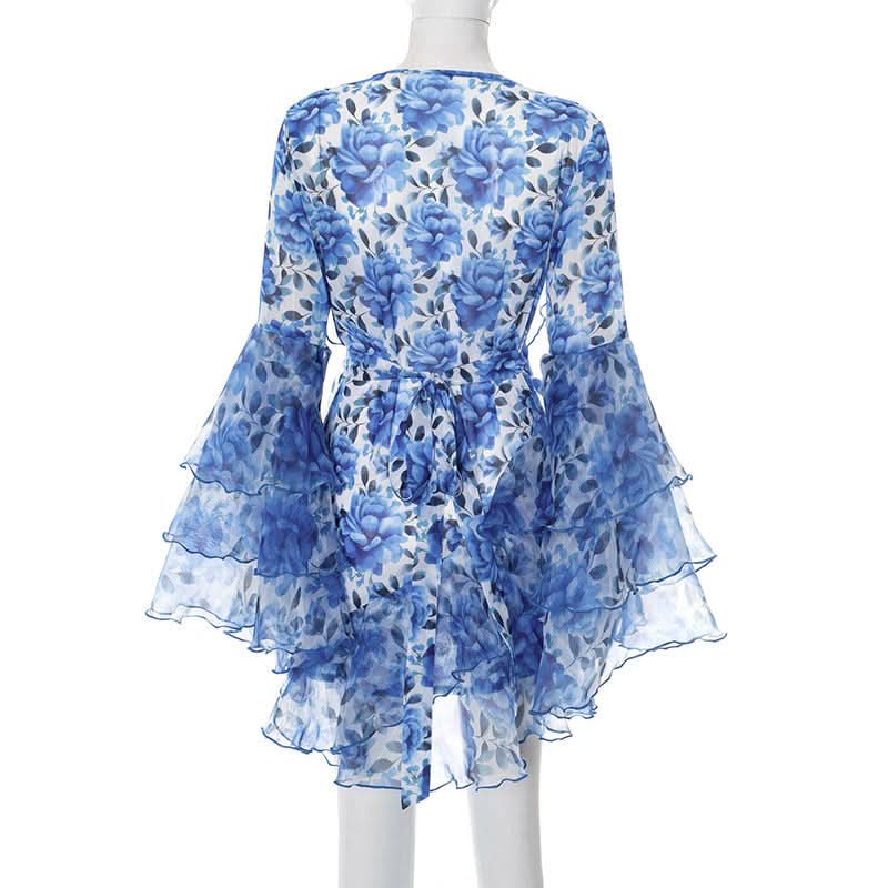 Effortless Blue Floral Ruffle Mini Dress - Chic V-Neck Bell Sleeve for Fall Getaways & Holiday Parties