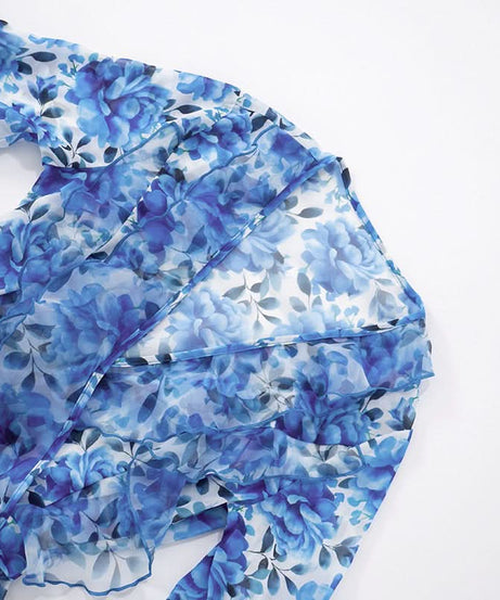 Effortless Blue Floral Ruffle Mini Dress - Chic V-Neck Bell Sleeve for Fall Getaways & Holiday Parties