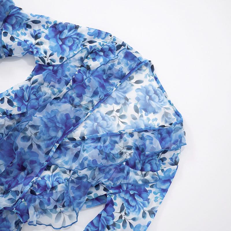 Effortless Blue Floral Ruffle Mini Dress - Chic V-Neck Bell Sleeve for Fall Getaways & Holiday Parties