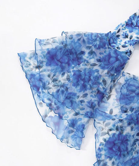 Effortless Blue Floral Ruffle Mini Dress - Chic V-Neck Bell Sleeve for Fall Getaways & Holiday Parties