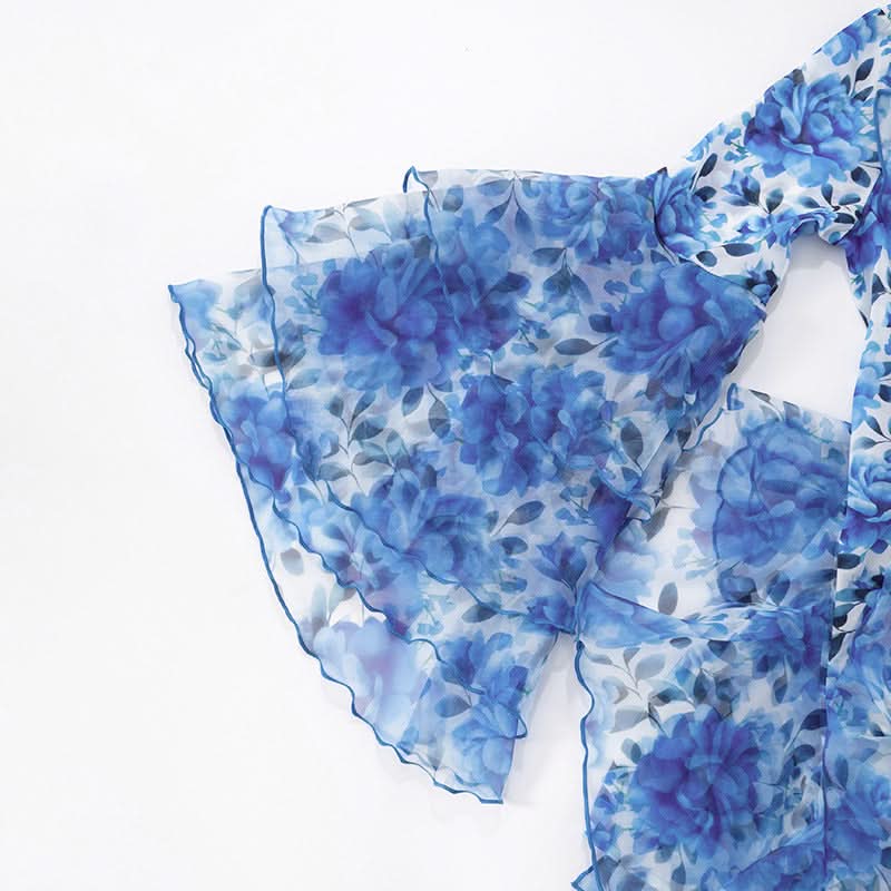 Effortless Blue Floral Ruffle Mini Dress - Chic V-Neck Bell Sleeve for Fall Getaways & Holiday Parties