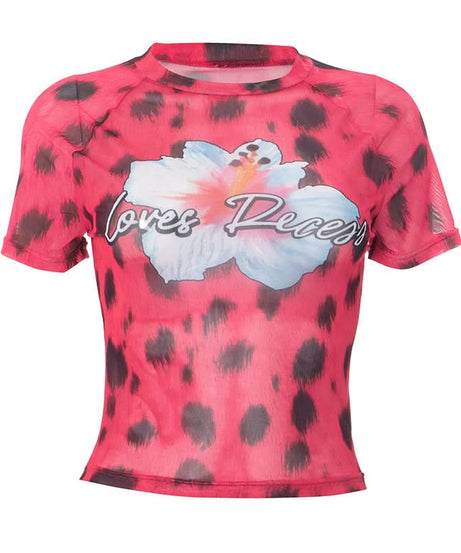 Fierce Y2K Pink Leopard Mesh Crop Top - 'Loves Recess' Hibiscus Graphic Tee