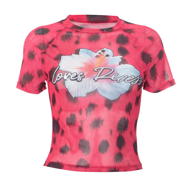 Fierce Y2K Pink Leopard Mesh Crop Top - 'Loves Recess' Hibiscus Graphic Tee