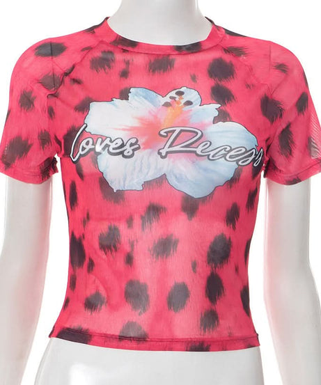 Fierce Y2K Pink Leopard Mesh Crop Top - 'Loves Recess' Hibiscus Graphic Tee