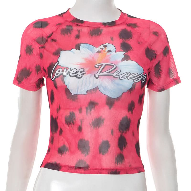 Fierce Y2K Pink Leopard Mesh Crop Top - 'Loves Recess' Hibiscus Graphic Tee