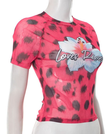 Fierce Y2K Pink Leopard Mesh Crop Top - 'Loves Recess' Hibiscus Graphic Tee