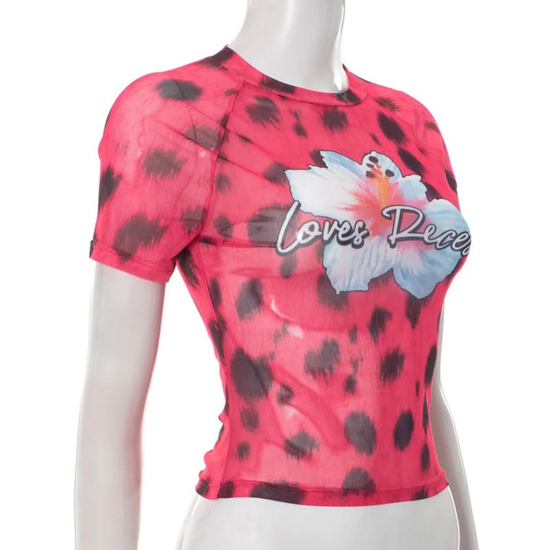 Fierce Y2K Pink Leopard Mesh Crop Top - 'Loves Recess' Hibiscus Graphic Tee