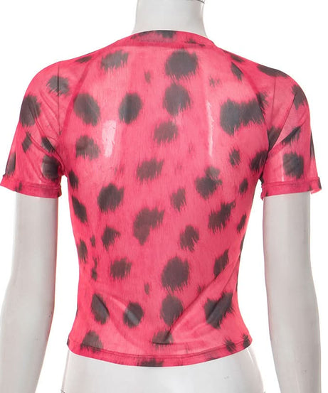 Fierce Y2K Pink Leopard Mesh Crop Top - 'Loves Recess' Hibiscus Graphic Tee