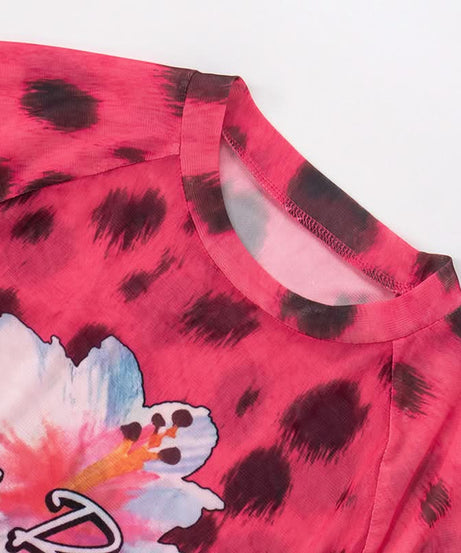 Fierce Y2K Pink Leopard Mesh Crop Top - 'Loves Recess' Hibiscus Graphic Tee