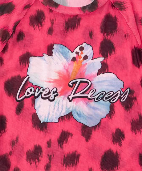 Fierce Y2K Pink Leopard Mesh Crop Top - 'Loves Recess' Hibiscus Graphic Tee