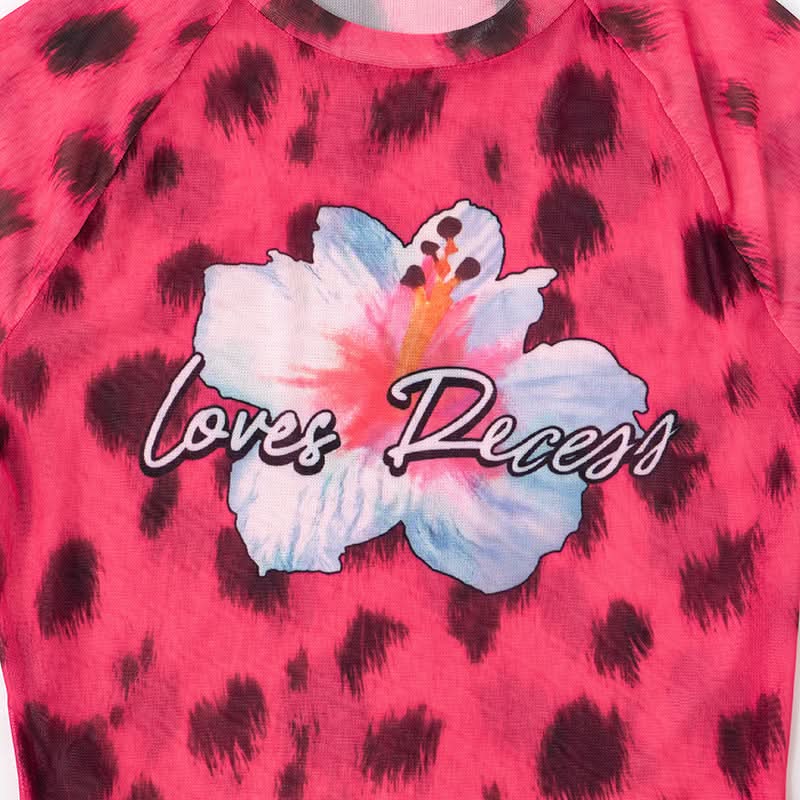 Fierce Y2K Pink Leopard Mesh Crop Top - 'Loves Recess' Hibiscus Graphic Tee