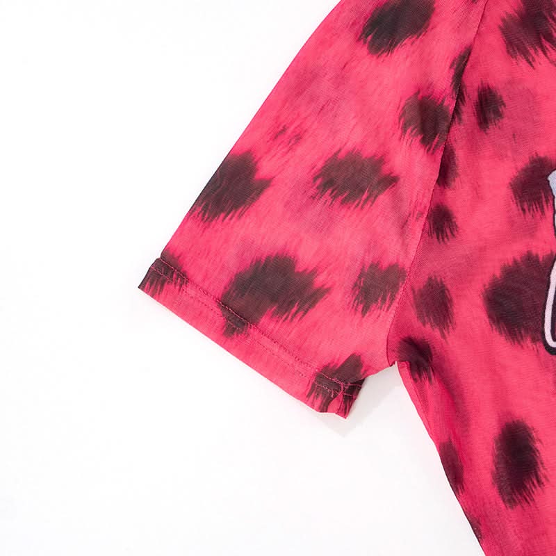 Fierce Y2K Pink Leopard Mesh Crop Top - 'Loves Recess' Hibiscus Graphic Tee
