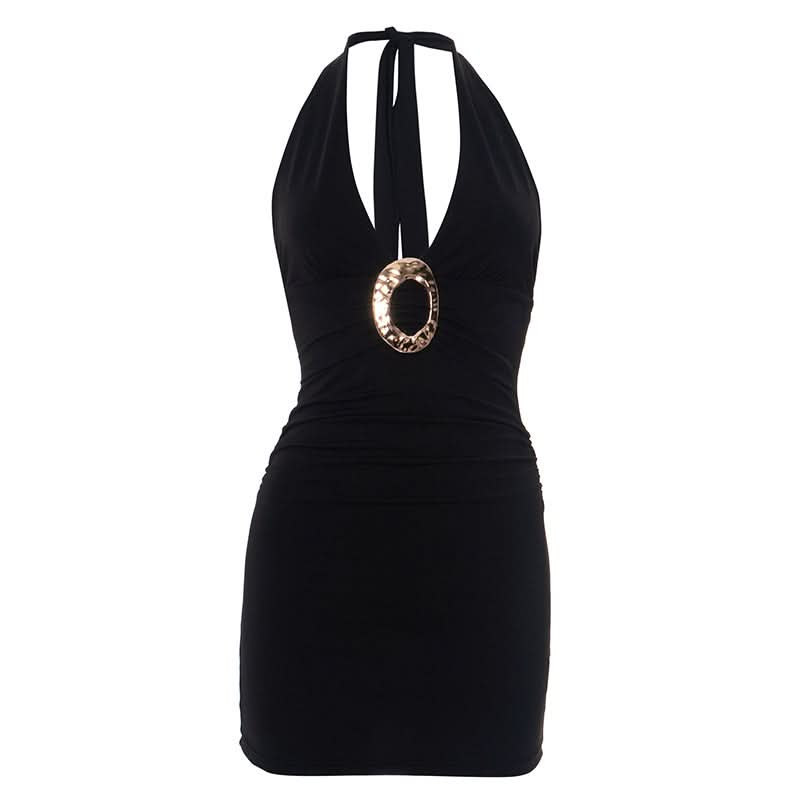 Goddess Gold Ring Halter Mini Dress - Your Ultimate LBD for Fall Parties & Holiday Nights