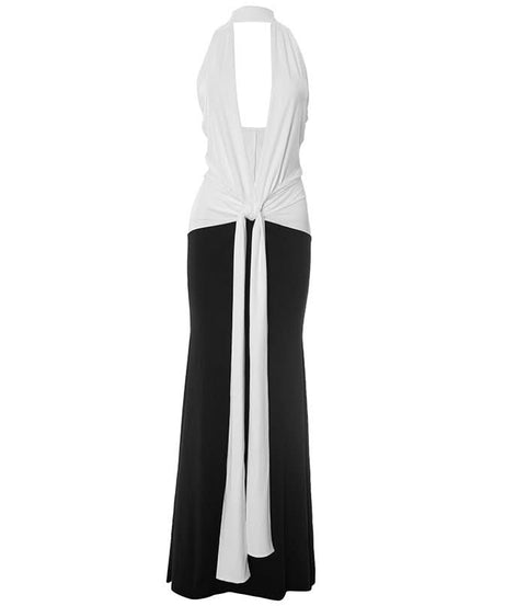 Effortless Elegance: Black & White Halter Maxi Dress with Self-Tie Waist – Your Go-To for Fall & Holiday Parties
