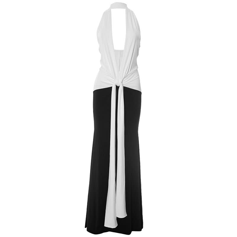 Effortless Elegance: Black & White Halter Maxi Dress with Self-Tie Waist – Your Go-To for Fall & Holiday Parties