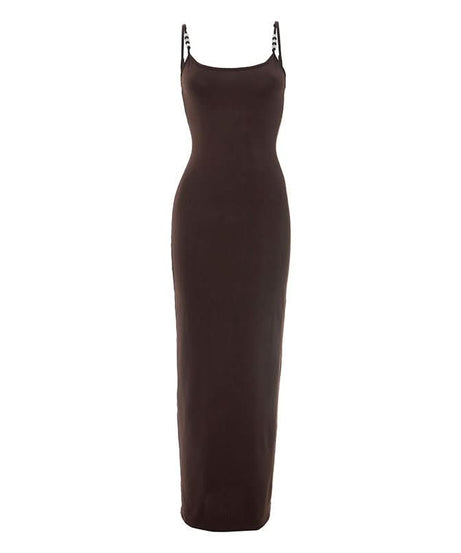 Autumn Luxe: Elegant Chocolate Brown Beaded Cami Maxi Dress - Fall Evenings & Holiday Style