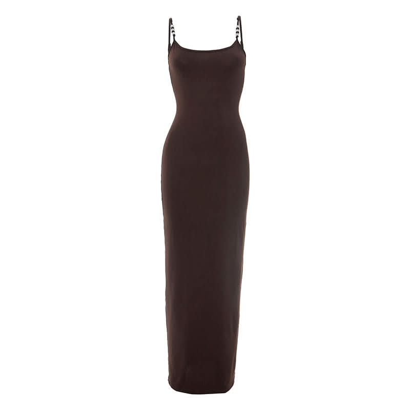 Autumn Luxe: Elegant Chocolate Brown Beaded Cami Maxi Dress - Fall Evenings & Holiday Style