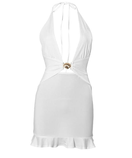 Stunning White Halter Plunge Mini Dress with Seashell Charm - Your Warm Weather Getaway Essential