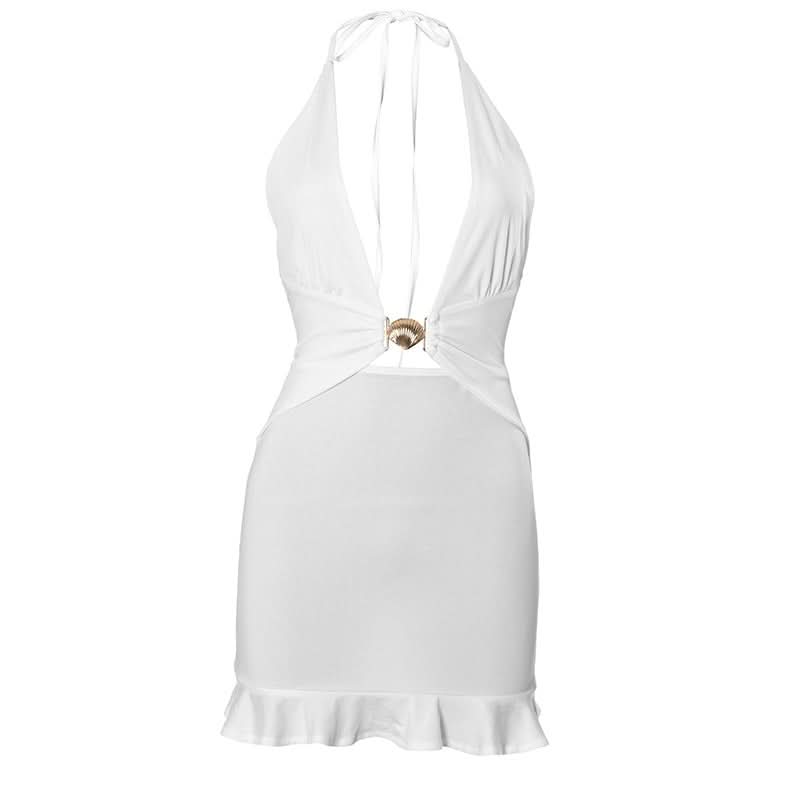 Stunning White Halter Plunge Mini Dress with Seashell Charm - Your Warm Weather Getaway Essential