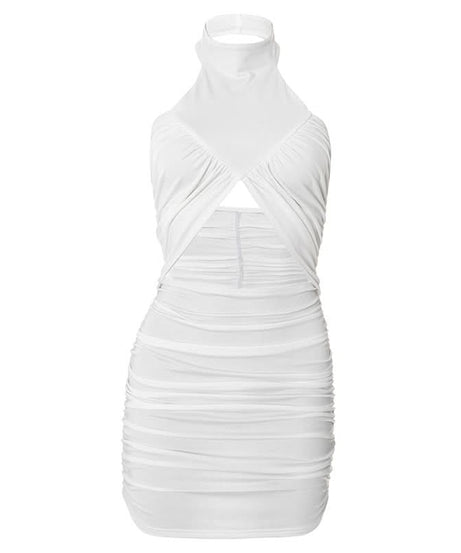 Sultry White Halter Cutout Ruched Bodycon Mini Dress - Chic Fall Party & Night Out