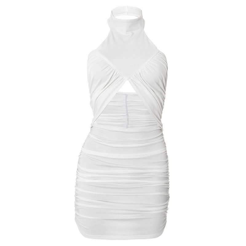 Sultry White Halter Cutout Ruched Bodycon Mini Dress - Chic Fall Party & Night Out