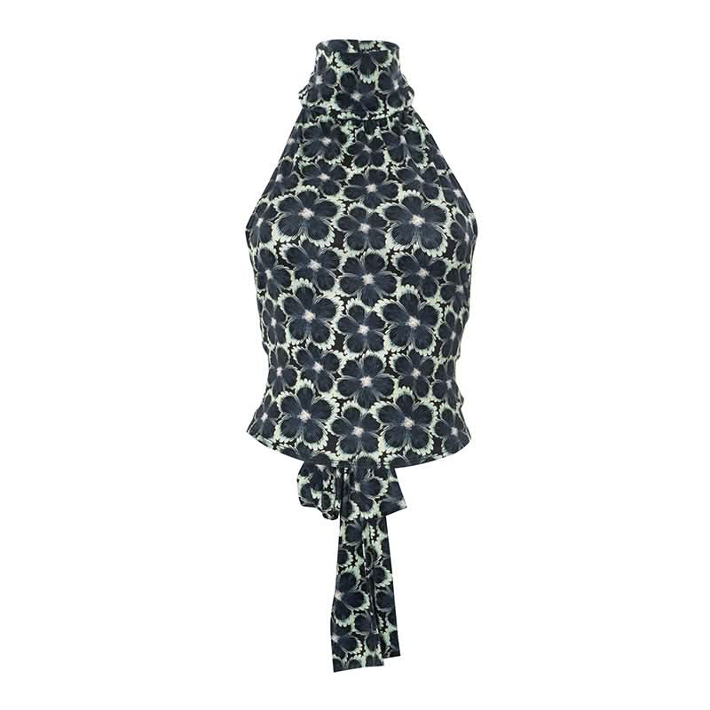 Midnight Bloom Halter Top | Chic Backless Tie-Waist Floral for Fall Evenings