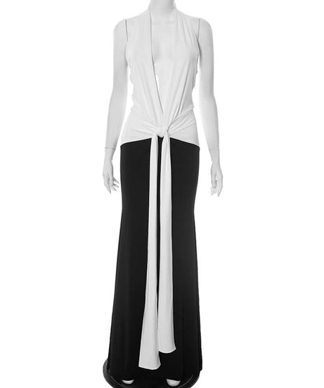 Effortless Elegance: Black & White Halter Maxi Dress with Self-Tie Waist – Your Go-To for Fall & Holiday Parties