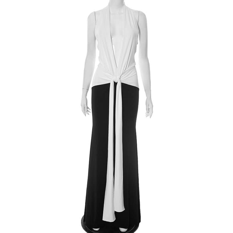 Effortless Elegance: Black & White Halter Maxi Dress with Self-Tie Waist – Your Go-To for Fall & Holiday Parties