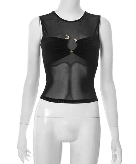 Sultry O-Ring Mesh & Ruched Crop Top - Chic Black Sleeveless for Fall Nights Out