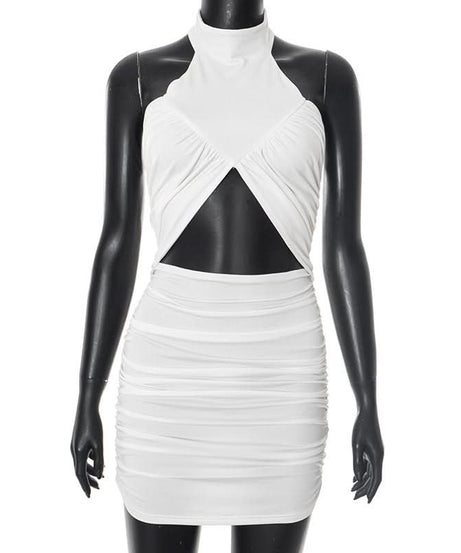 Sultry White Halter Cutout Ruched Bodycon Mini Dress - Chic Fall Party & Night Out