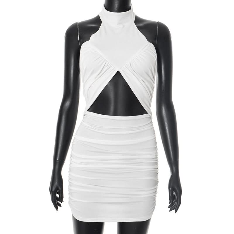 Sultry White Halter Cutout Ruched Bodycon Mini Dress - Chic Fall Party & Night Out