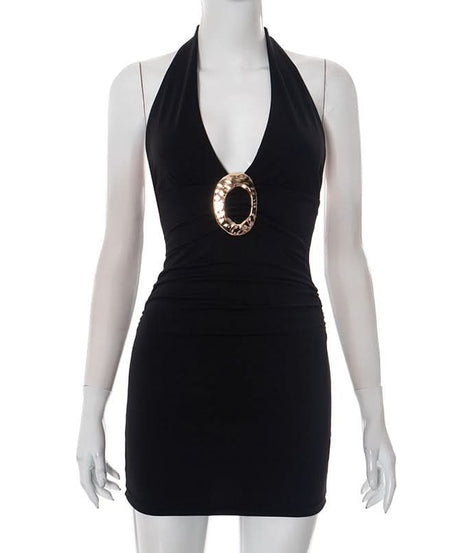 Goddess Gold Ring Halter Mini Dress - Your Ultimate LBD for Fall Parties & Holiday Nights