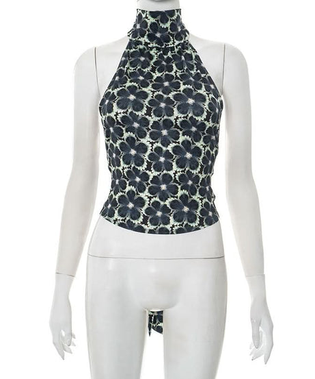 Midnight Bloom Halter Top | Chic Backless Tie-Waist Floral for Fall Evenings