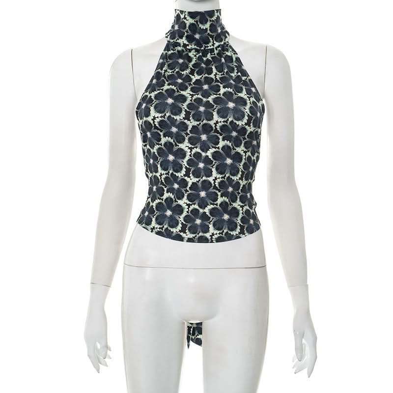 Midnight Bloom Halter Top | Chic Backless Tie-Waist Floral for Fall Evenings