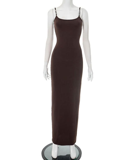 Autumn Luxe: Elegant Chocolate Brown Beaded Cami Maxi Dress - Fall Evenings & Holiday Style