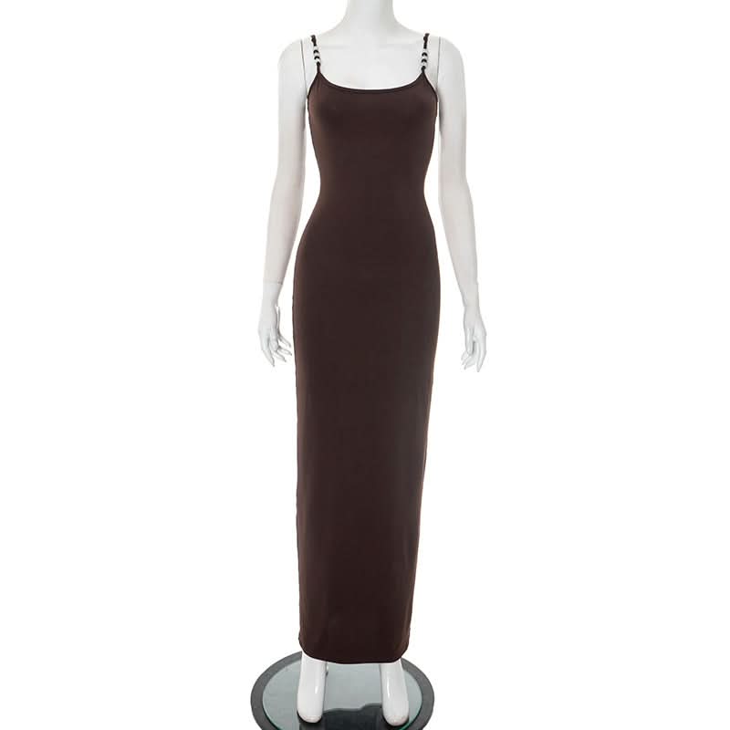 Autumn Luxe: Elegant Chocolate Brown Beaded Cami Maxi Dress - Fall Evenings & Holiday Style