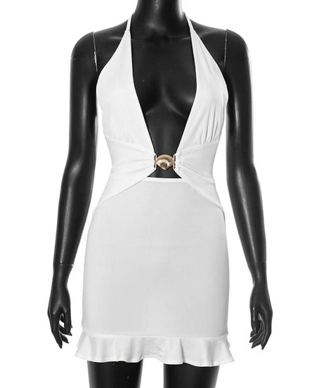 Stunning White Halter Plunge Mini Dress with Seashell Charm - Your Warm Weather Getaway Essential