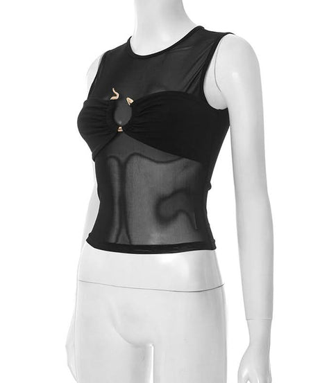 Sultry O-Ring Mesh & Ruched Crop Top - Chic Black Sleeveless for Fall Nights Out