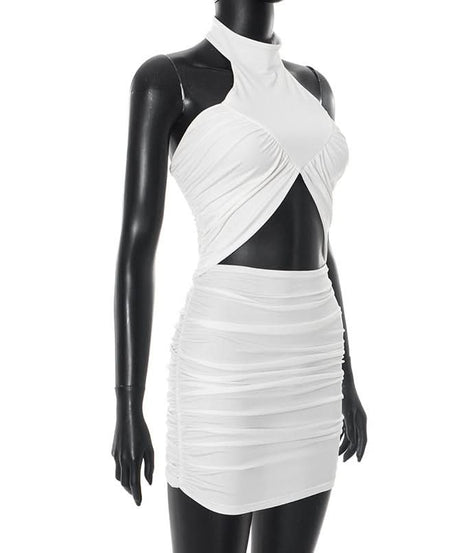 Sultry White Halter Cutout Ruched Bodycon Mini Dress - Chic Fall Party & Night Out