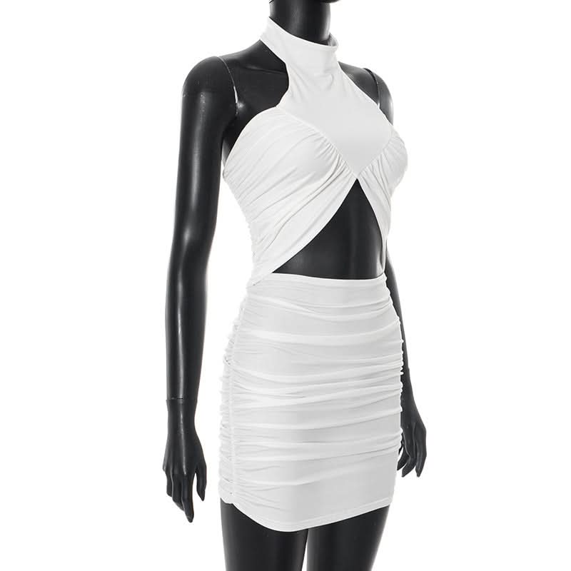 Sultry White Halter Cutout Ruched Bodycon Mini Dress - Chic Fall Party & Night Out
